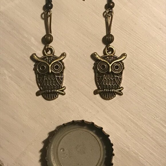 🦉 handmade owl dangle earrings with big eyebrows bronze birds cute gift new - Picture 4 of 4